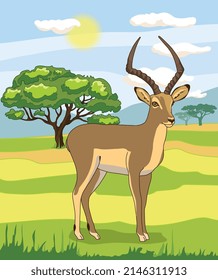 Savanna landscape Nature park, tropical safari with a gazelle, green trees 