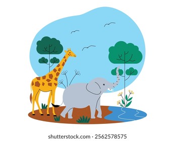 Savanna landscape, there is a giraffe standing next to a gray elephant, both are seen on the bank of a small river, around them, green trees and grass grow, ecosystem vector illustration.