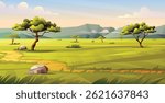 Savanna landscape with trees, winding path through the grass, and a bright sky, showcasing a wide open field. Vector cartoon illustration