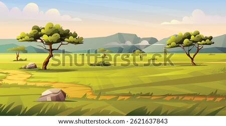 Savanna landscape with trees, winding path through the grass, and a bright sky, showcasing a wide open field. Vector cartoon illustration