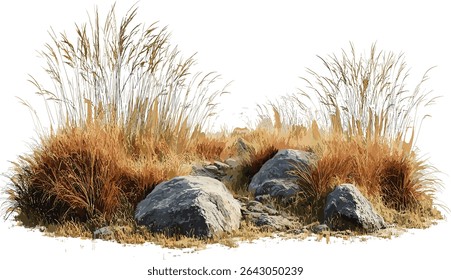 Savanna landscape, vector clipart, grass field, rocks, prairie view, nature scene, outdoor design, nature background, wild terrain, natural environment