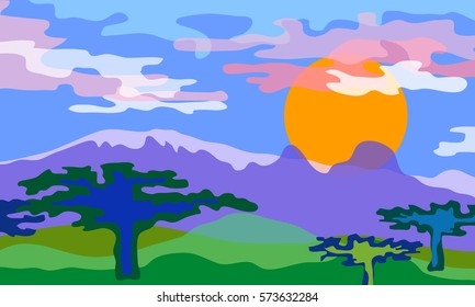 Savanna landscape. Vector illustration. Beautiful scenery with mountains, baobabs and cloudy sky. Morning.