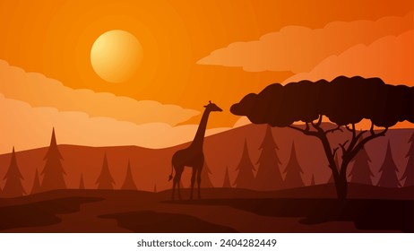 Ilustración vectorial del paisaje de sabana. Escenario de silueta de jirafa y árbol africano con cielo atardecer. Panorama de la fauna silvestre de jirafa para ilustración, fondo o fondo