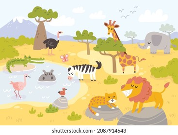 Savanna landscape with wild animals. African animals in the nature. African animals living in savannah, prairies. The fauna of Africa.