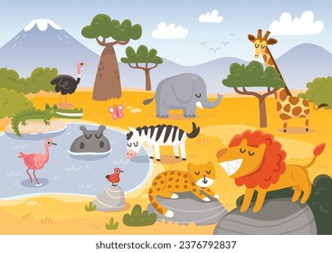 Savanna landscape with wild animals. African animals in the nature. African animals living in savannah, prairies. The fauna of Africa.