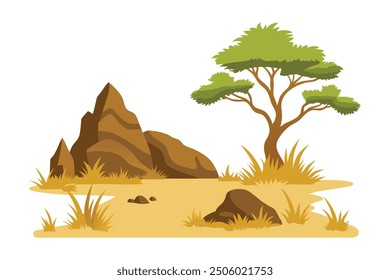 Savanna landscapes with faded grass and rocks flat vector illustration on white background