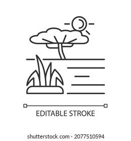 Savanna Linear Icon. African Grassland And Woodland. Plain Tropical Land With Separated Trees. Thin Line Customizable Illustration. Contour Symbol. Vector Isolated Outline Drawing. Editable Stroke