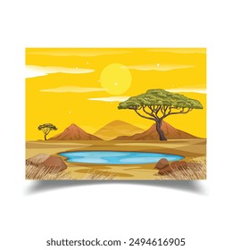 Savanna Naturkulisse Sonnenuntergang Landschaft Vektorillustration Design Vorlage