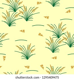 Savanna, pasture inspired seamless vector pattern. Simple grass tufts in green and mustard yellow, sand color background.