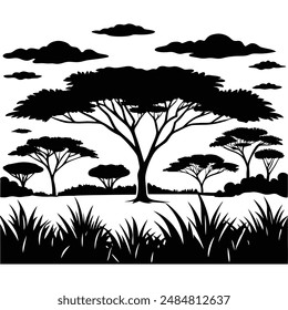 Savanna Plains with Scattered Acacia Trees Silhouette