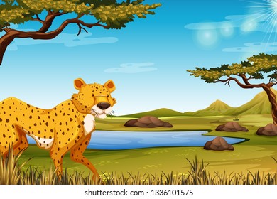 Savanna Scene with cheetah illustration