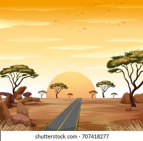 Savanna scene with road and sunset illustration