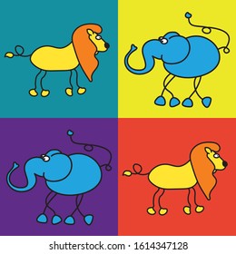 Savanna set with elephant and lion. Fore square. Funny Africa. Two animals. Friendship. Baby pattern. Vector graphic for kids. jungle area. baby education