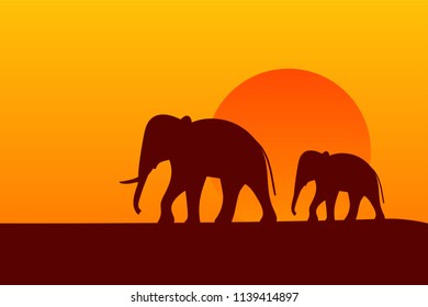 Savanna sunset background. Wildlife Background. African landscape with elephants silhouette. Vector illustration