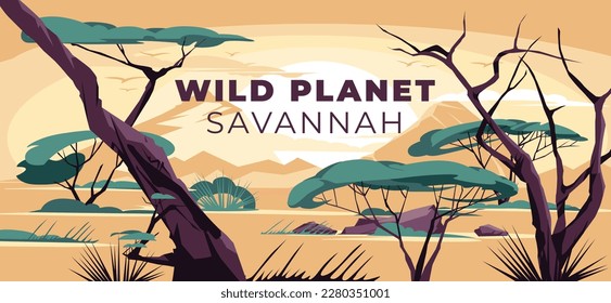 savanna sunset landscape in soft tones. Vector flat illustration. African flora.