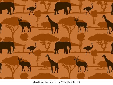 Savanna at sunset seamless pattern. African safari repetitive illustration. Wildlife and wild animal silhouette on orange background. Simple and elegant wallpaper art.