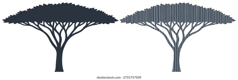 Savanna tree vector illustration, nature silhouette set, creative lined pattern design