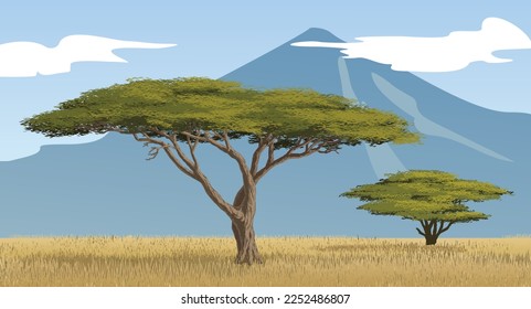 Sabana y árboles en la naturaleza africana, ilustraciones vectoriales aisladas