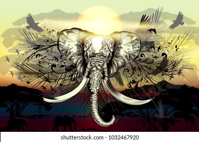Savanna vector elephant  with other silhouettes animals giraffe, eagles