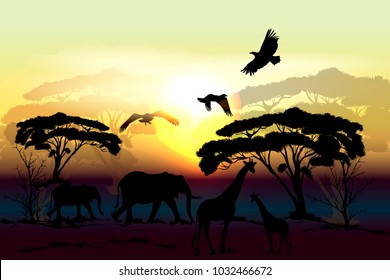 Savanna vector landscape with animals elephant, giraffe, eagles