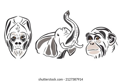 Juego de animales salvajes de Sabana. Resumen animal africano. Chimpancé, elefante, silueta de gorila. Ilustración vectorial