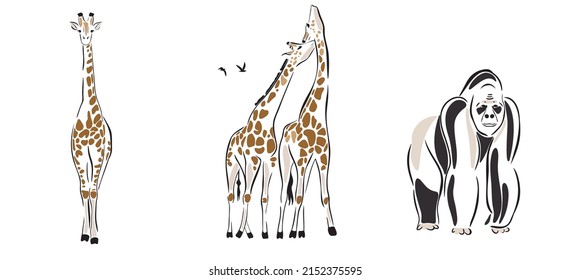 Savanna wild animals set. Abstract African animal. Giraffe, gorilla silhouette. Vector Illustration