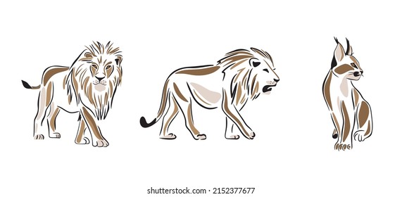 Savanna wild animals set. Abstract African animal. Lion, caracal,  silhouette. Vector Illustration