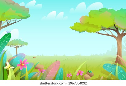 Savanna Wild Nature Fairy Tale Forest With Trees And Grass Lawn, Summer Tropical Empty Background For Children. Summertime Blue Sky And Green Grass Vector Background.