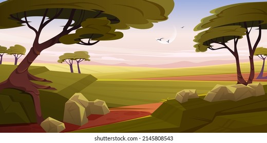 Savannah con árboles de acacia y hierba verde a primera hora de la mañana. Dibujo vectorial de viaje de safari, viajes de vacaciones. Paisaje de sabana africana con luna en el cielo