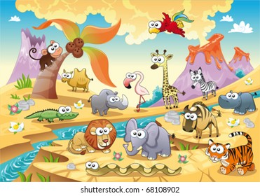 Savannah Animal Family With Background. Funny Cartoon And Vector Illustration, Isolated Objects.