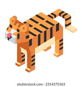 Savannah animal, isolated wooden figurine or model of cute tiger with spots and stripes on fur. Plaything or toy for children, kids entertainment and game elements pieces. Vector in flat style