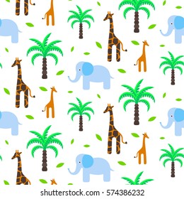 Savannah animals baby seamless pattern vector. Giraffe and elephant with palm trees on white background.