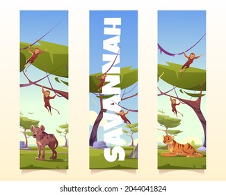 Savannah animals cartoon vertical banners or bookmarks, wild tiger, monkeys and hyena in nature. Jungle inhabitants in zoo park or safari outdoor area, beasts in fauna, Vector illustrations, set