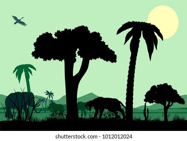 Savannah, animals, elephant, lion silhouettes, trees grass silhouettes ,vector illustration.