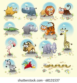 Savannah animals. Funny cartoon and vector characters. Isolated objects