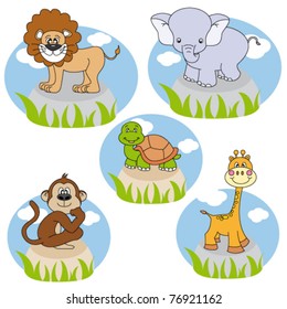 Savannah animals. Funny cartoon and vector characters. Isolated objects
