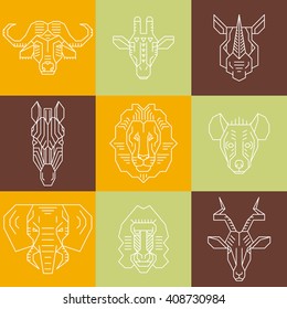 Savannah animals heads line icons. Vector illustration.