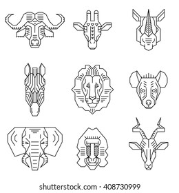 Savannah animals heads line icons on white background. Vector illustration.