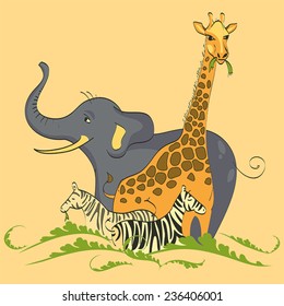 Savannah Animals on Yellow Background