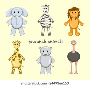 Savannah animals set of 6 cute animals, elephant, giraffe, ostrich, hippopotamus, zebra and lion