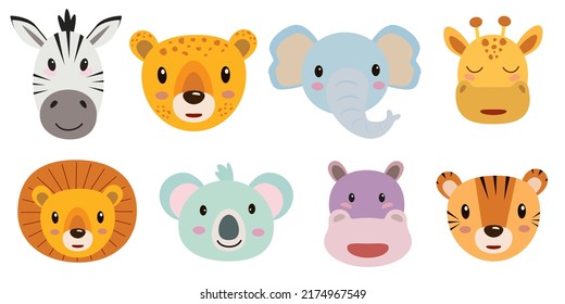 Animales de Savannah. Conjunto de cabezas de animales de la selva. Ilustración del vector