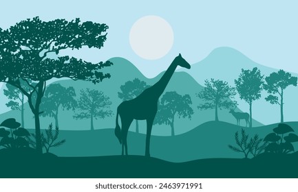 Savannah and animals of it silhouettes, trees, grass, grey, black