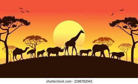 Sabana Animales Sunset Ilustración Vector Arte. Gran Paisaje Africano De Savannah.