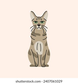 Savannah cat sitting color element. Cartoon cute animal. Hand draw vector illustration isolated.  