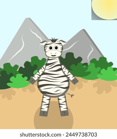 Savannah with cute zebra, acacia trees and green grass. Vector cartoon illustration of african savanna landscape with funny horse with white and black stripes. Safari park with wild animals