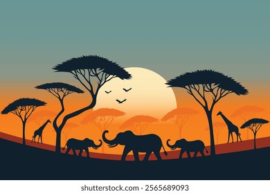 savannah in the evening with big trees elephants and giraffes in silhouette flat vector illustration