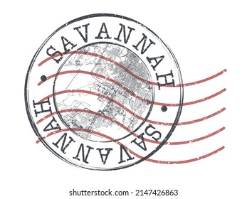 Savannah, GA, USA Stamp Map Postal. Silhouette Seal Roads and Streets. Passport Round Design. Vector Icon. Design Retro Travel National Symbol.