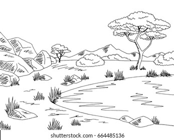 Savannah graphic black white lake landscape sketch illustration vector