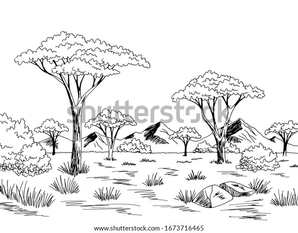 Savannah Graphic Black White Landscape Sketch Stock Vector (Royalty ...