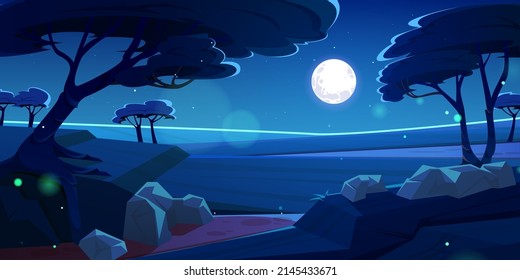 Savannah landscape with acacia trees at night. Vector cartoon illustration of african savanna with full moon and stars in dark sky. Concept of safari, vacation trip and travel